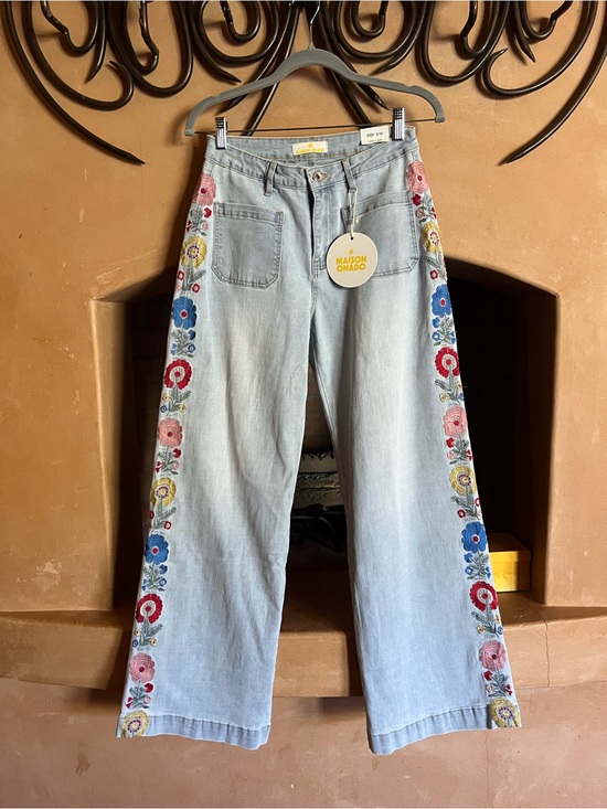 Denim - Light Blue Embroidered Wide-Leg Jeans